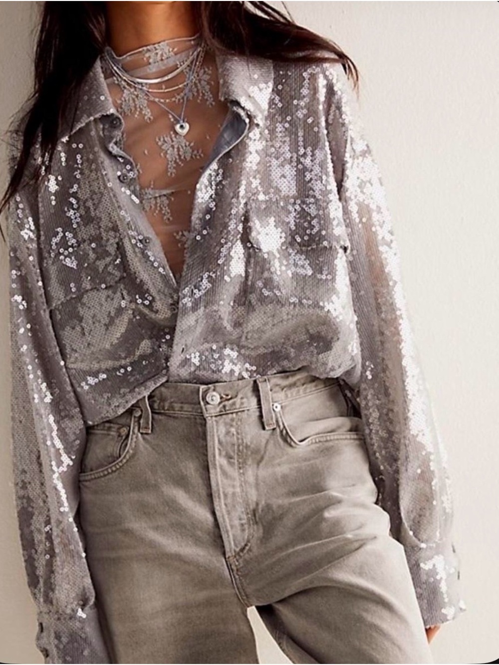 Free People Silver Sequin Button-Down Shirt